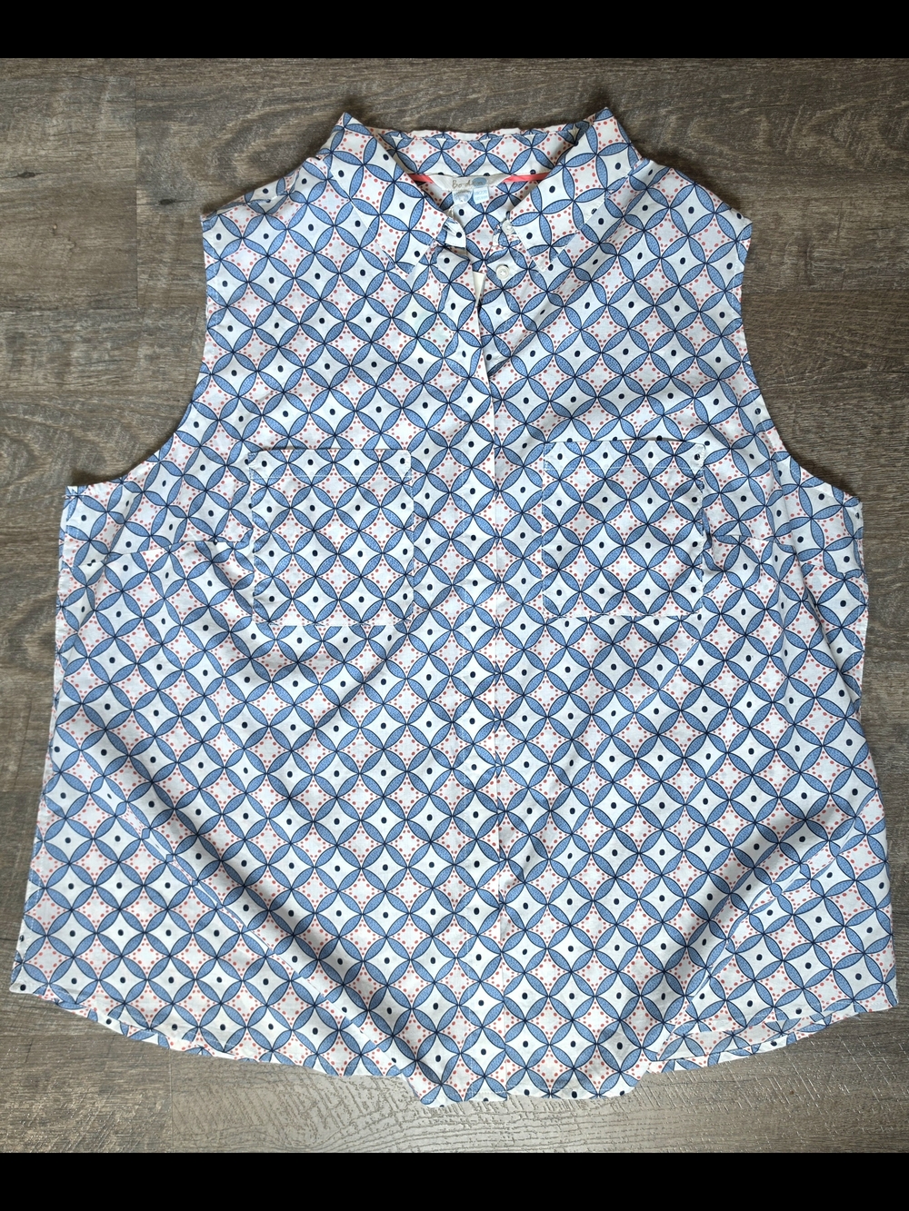 Boden Sleeveless Button Down Blouse Womens 18 Blue & Cream Geometric 100% Cotton - Picture 6 of 11